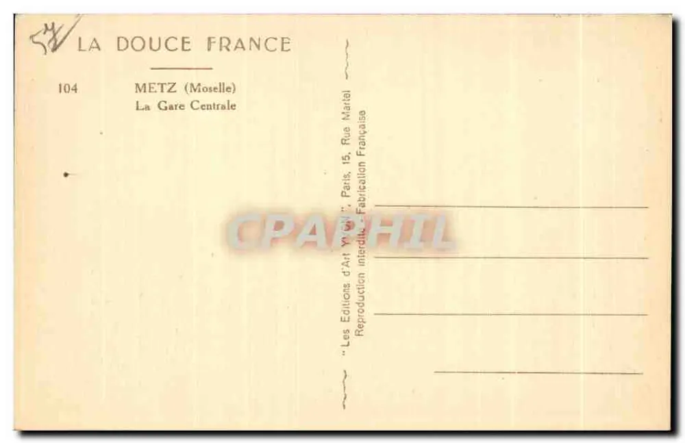 Metz — A Estação Central — As Edições de Arte 'La Douce France' - Verso