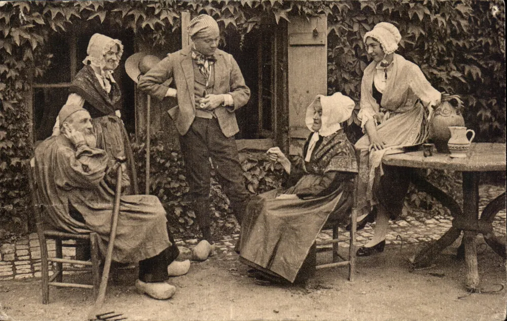 Lebensszenen — vier Personen in traditioneller Kleidung im Garten — Édition F. Gourard, Mets - Vorderseite
