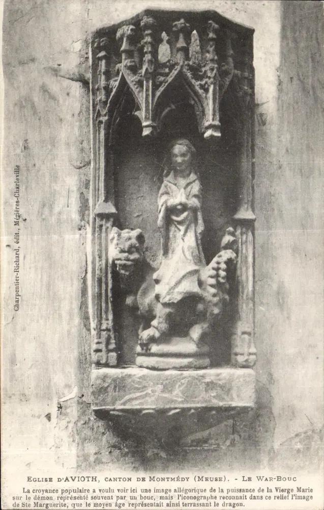 Kirche von Aviôth, Kanton Montmédy (Meuse) — Statue der Jungfrau Maria, die einen Drachen besiegt — Charpentier-Richard, Mézières-Charleville - Vorderseite