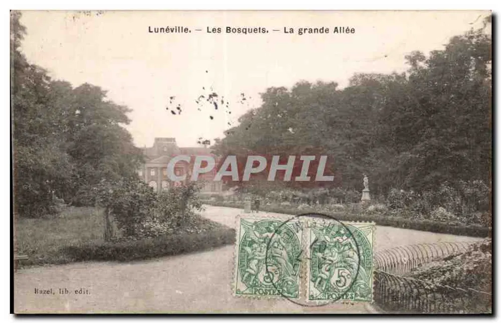 Lunéville — Les Bosquets — Die große Allee — Razel, lib. edit. - Vorderseite