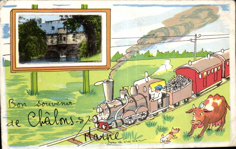Châlons-sur-Marne — vue du château sur affiche, train à vapeur et vache — éditeur non visible - Frente