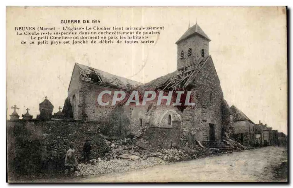 Reuves (Marne) — Igreja destruída em 1914, torre sineira milagrosamente intacta — J. Rouggon, editor - Frente