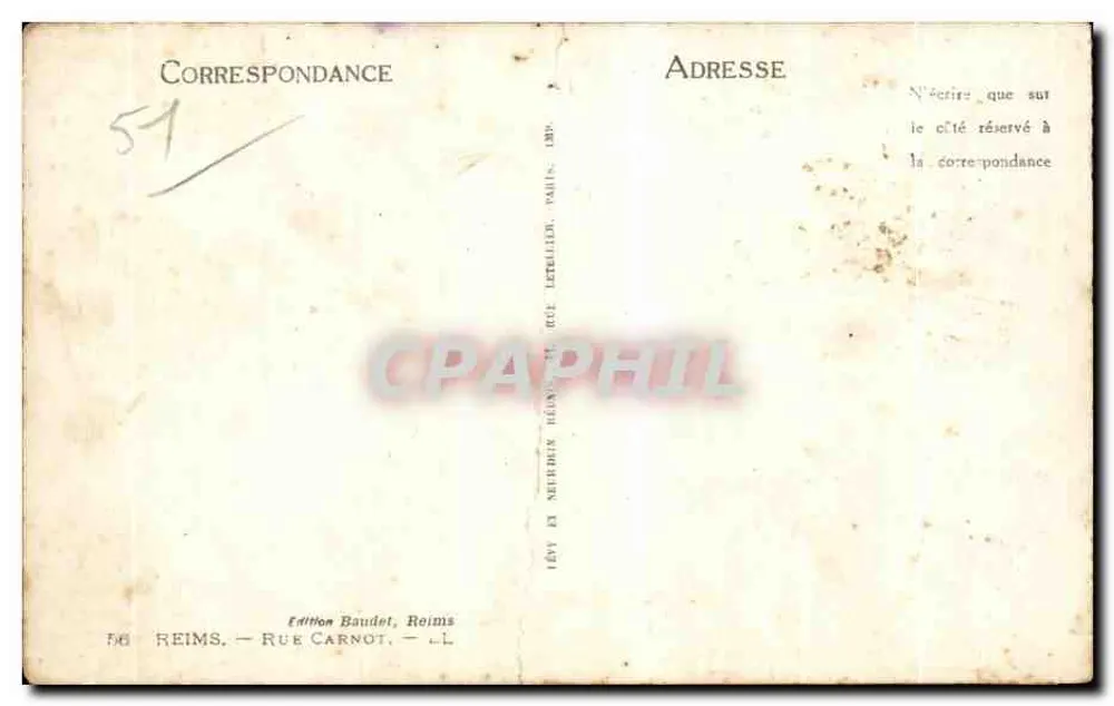 Rue Carnot à Reims — vue de la place du Marché avec l'édifice de la Banque de France — Édition Baudet, Reims - Verso