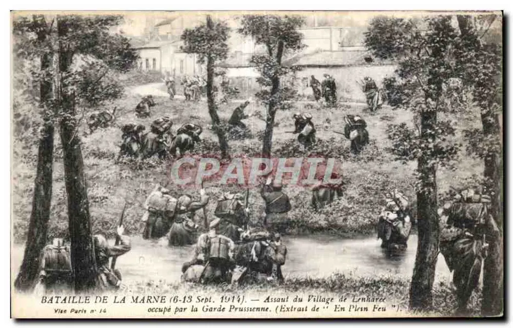 Schlacht an der Marne (6–13. Sept. 1914) — Angriff auf das Dorf Lennharec, besetzt von der preußischen Garde (Auszug aus 'En Plein Feu') — Vise Paris Nr. 14 - Vorderseite
