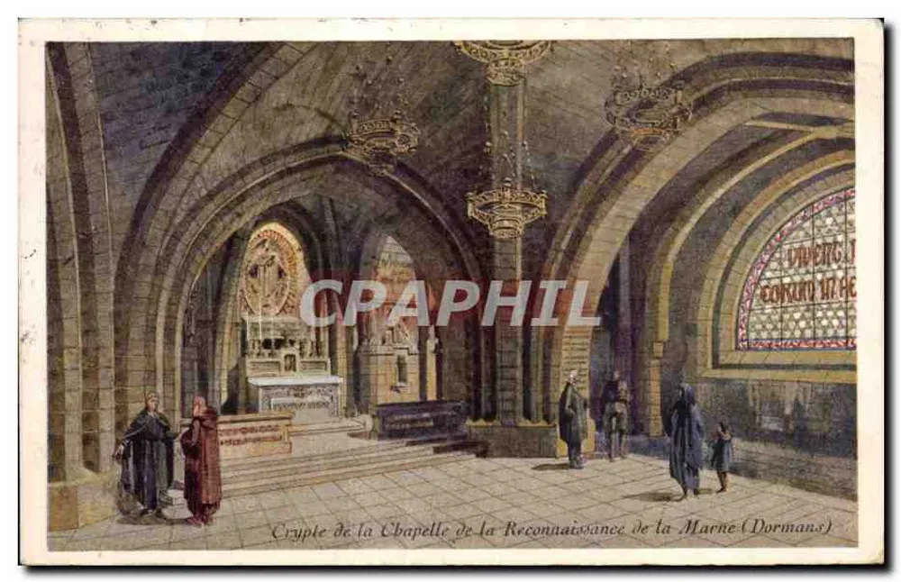 Krypta der Kapelle der Reconnaissance der Marne (Dormans) — Innenansicht mit Besuchern — Verlag nicht sichtbar - Vorderseite