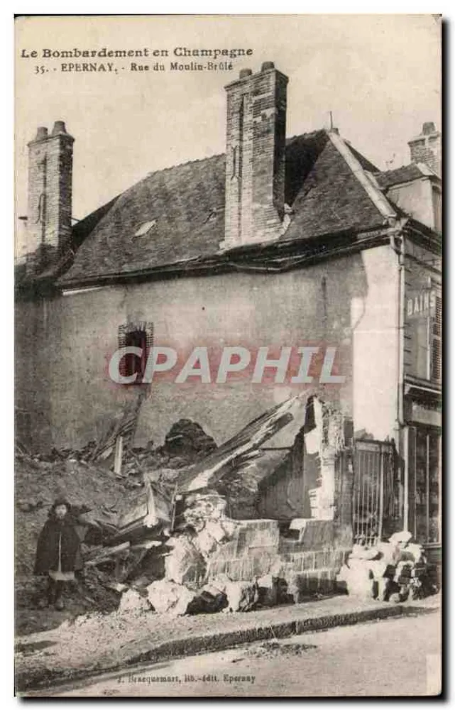 Der Bombenangriff in Champagne — Epernay, Rue du Moulin-Brûlé — J. Braquemart, lith. édit. Epernay - Vorderseite