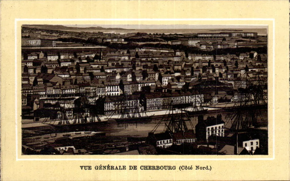 Vista geral de Cherbourg (Lado Norte.) — vista aérea do porto e dos edifícios — editor não identificado - Frente