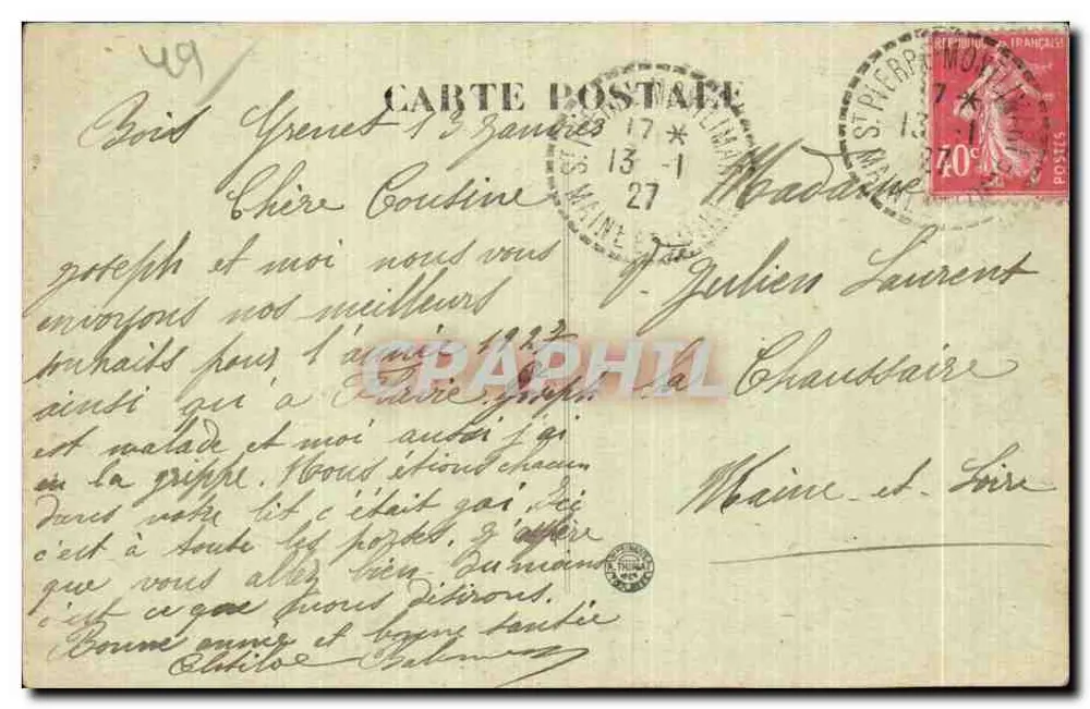 St-Fierre-Montlimart (M-et-L.) — Estátua da Virgem ao pé de uma árvore — editor não identificado, n° 17 - Verso