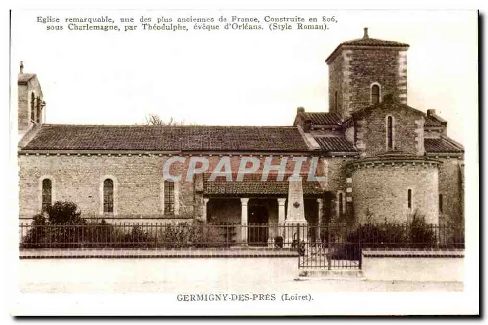 Igreja notável, uma das mais antigas da França — Construída em 806, sob Carlos Magno, por Teodolfo, bispo de Orléans. (Estilo Romano). — Germigny-des-Prés (Loiret). - Frente