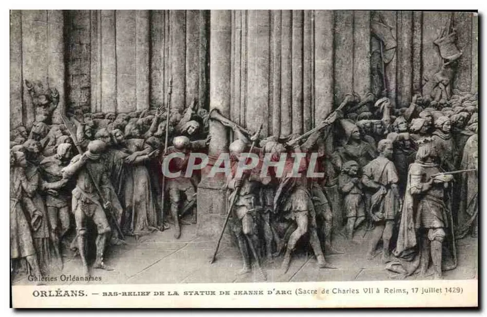 Orléans — Bas-relief der Statue von Jeanne d'Arc (Krönung von Charles VII in Reims, 17. Juli 1429) — Galeries Orléanaises - Vorderseite