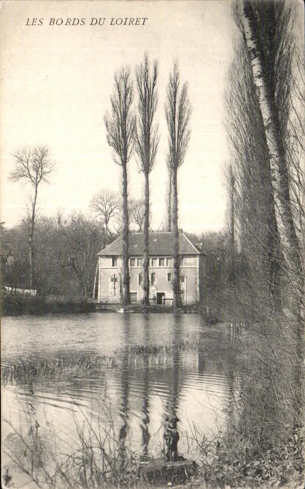 Os Margens do Loiret — vista de um edifício à beira de um lago com três salicóias — editor não identificado, número de série 1159 - Frente