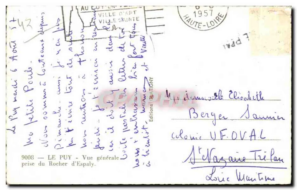 Le Puy-en-Velay — Allgemeiner Blick vom Rocher d'Espaly — Editions Blatigny, n° 9008 - Rückseite
