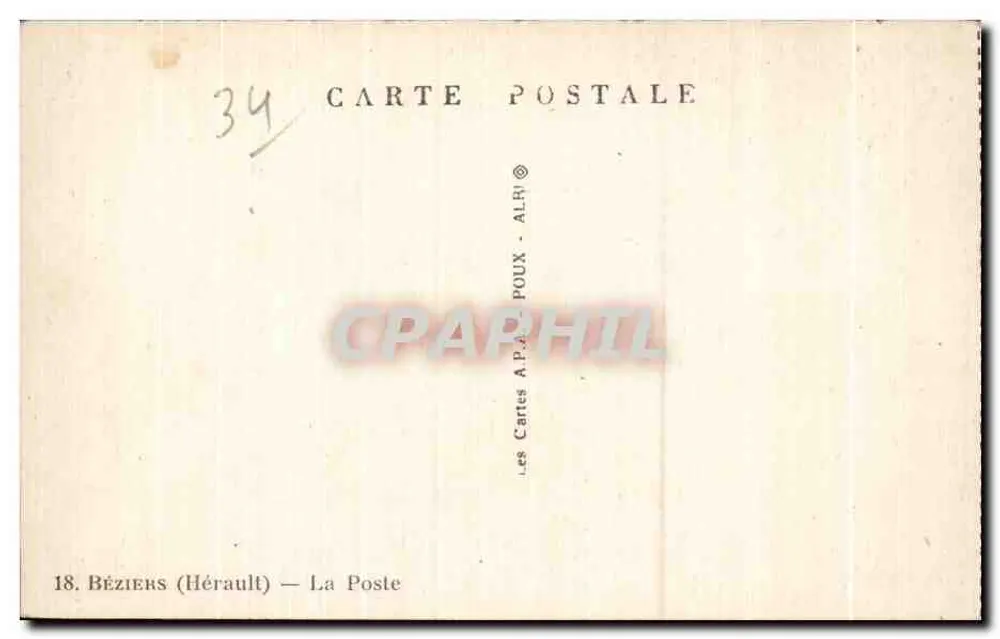 Béziers — Praça da Correios — Editor A.P.A. POUX - Verso