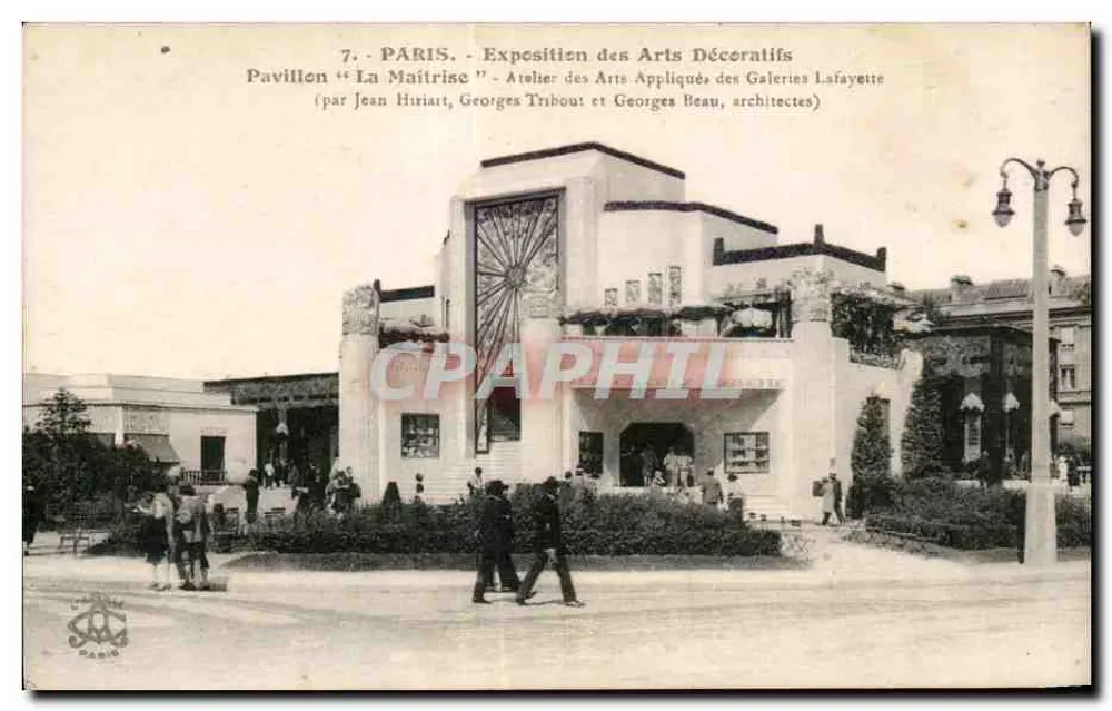 Paris - Ausstellung der dekorativen Künste - Pavillon 'La Maîtrise' - Atelier für angewandte Künste der Galeries Lafayette (von Jean Hiriaut, Georges Tribout und Georges Beau, Architekten) - Vorderseite