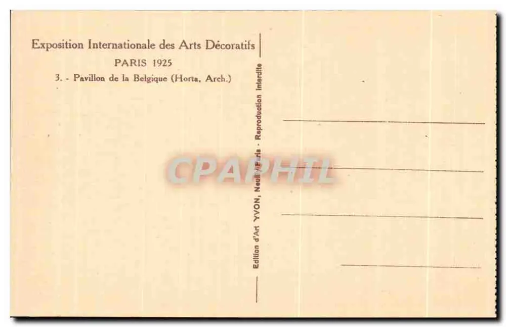 Pavillon der Belgien — Internationale Ausstellung der dekorativen Künste 1925 — Kunstausgabe YVON - Rückseite