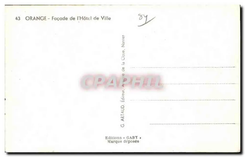Orange - Fachada do Hotel de Ville — G. Artaud, editor, Nîmes - Verso