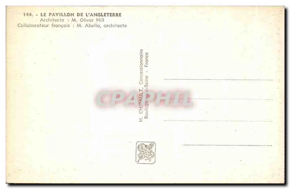 Pavillon der England — Internationale Ausstellung Paris 1937 — H. Chipault, Vertragsnehmer - Rückseite