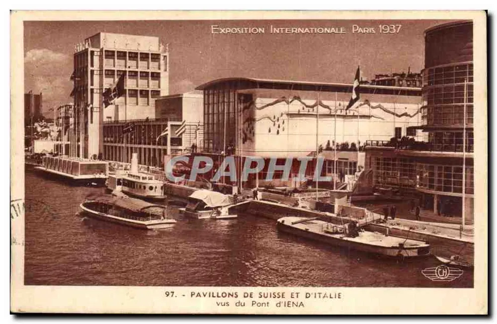 Schweizer und italienischer Pavillon — Von der Brücke IENA aus gesehen — Internationale Ausstellung Paris 1937 - Vorderseite