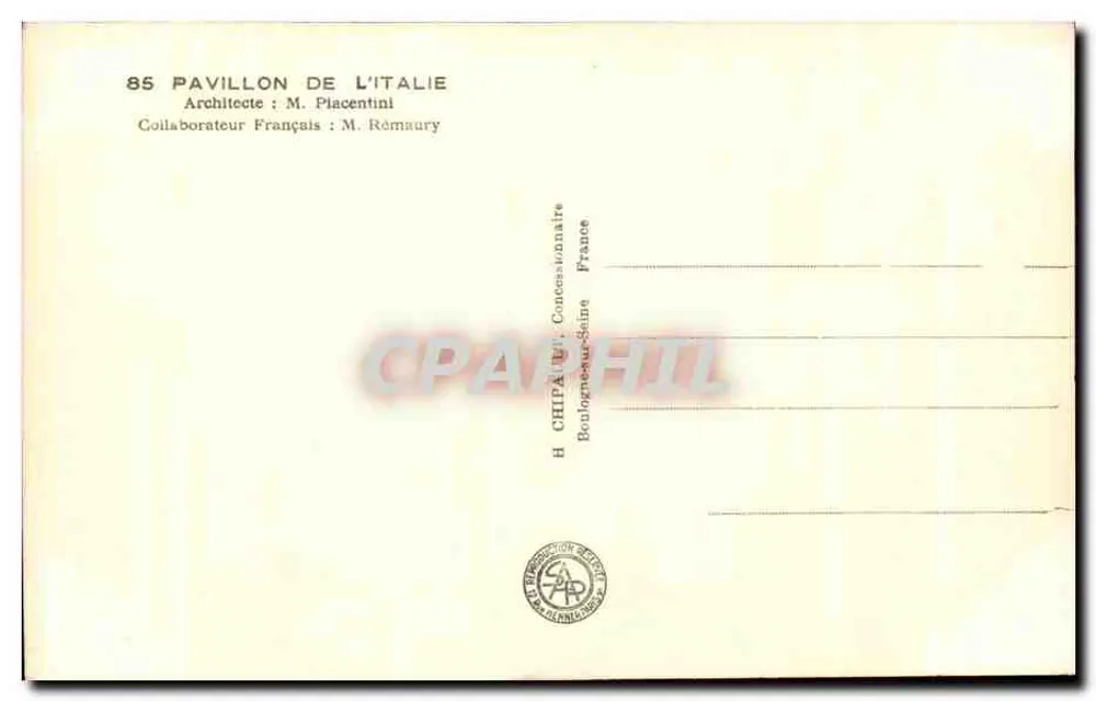 Pavillon der Italien — Internationale Ausstellung Paris 1937 — Verleger: CH - Rückseite