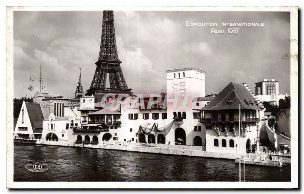 Internationale Ausstellung Paris 1937 — Ansicht der Eiffelturm und schwimmende Gebäude — Verlag CH - Vorderseite