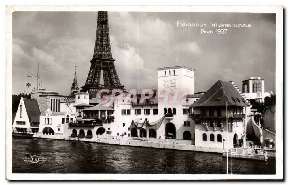 Internationale Ausstellung Paris 1937 — Ansicht des Kai mit der Eiffelturm im Hintergrund — Graphi - Vorderseite