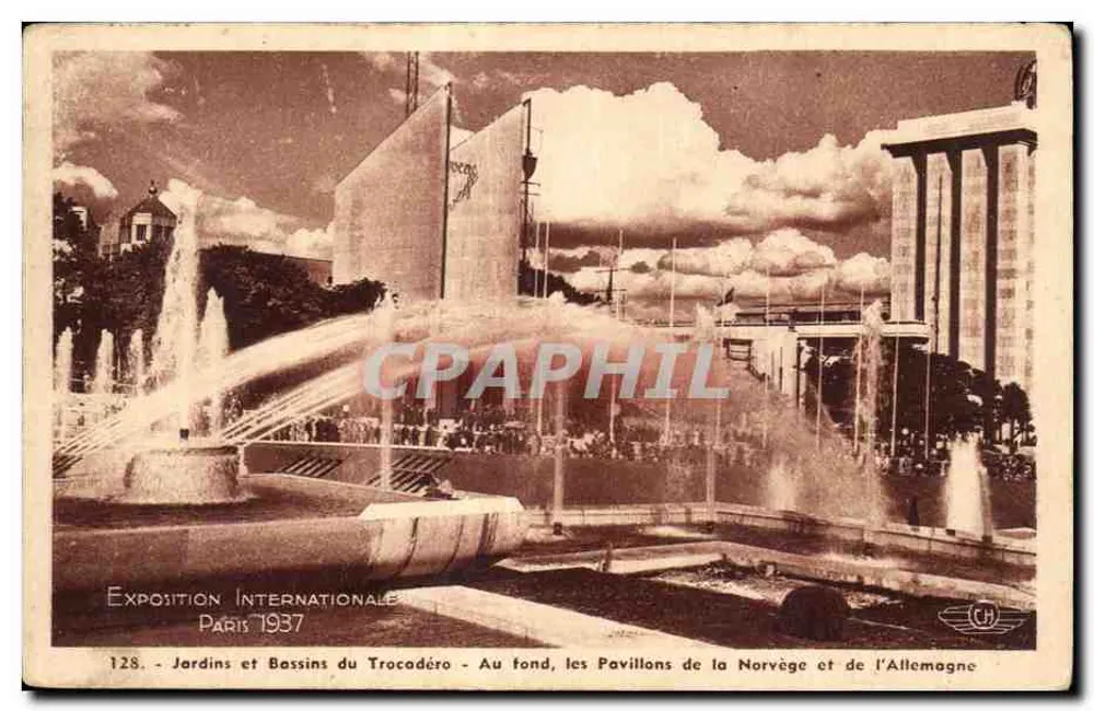 Gärten und Bassins des Trocadéro — Internationale Ausstellung Paris 1937 — Pavillons Norwegens und Deutschlands - Vorderseite