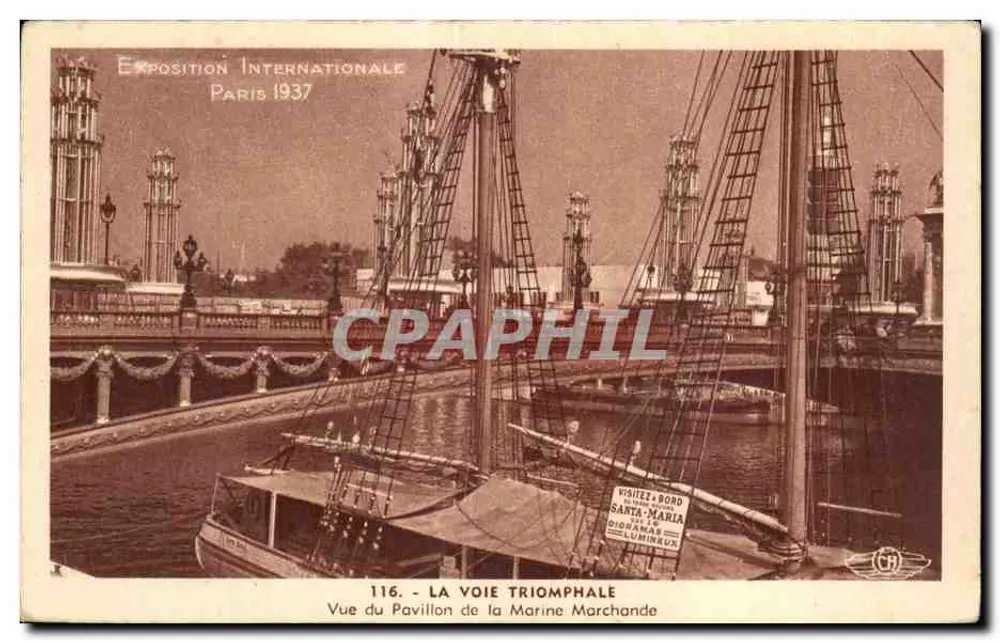 Internationale Ausstellung Paris 1937 — Die Triumphanten Straße — Blick auf das Pavillon der Handelsflotte - Vorderseite