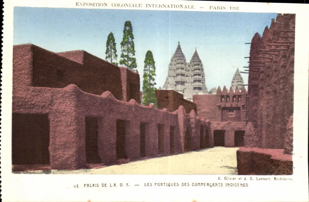 Internationale Kolonialausstellung — Paris 1931 — Palais de l'A.O.F. — Die Portiken der einheimischen Händler — G. Olivier und J. G. Lambert, Architekten - Vorderseite