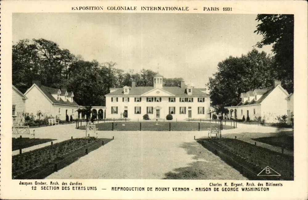 Reproduktion von Mount Vernon - George Washingtons Haus — Internationale Kolonialausstellung, Paris 1931 — Jacques Greber, Arch. der Gärten & Charles K. Bryant, Arch. der Gebäude - Vorderseite
