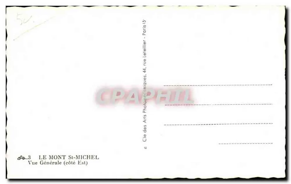 Monte Saint-Michel — Vista Geral (lado Leste) — Cie des Arts Photographiques, 44 rue Le Tellier, Paris - Verso