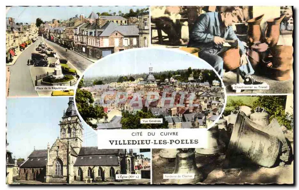 Villedieu-les-Poêles — Stadt des Kupfers — Allgemeiner Blick, Place de la République, Kirche (15. Jh.), Schmied am Werk, Glockengießerei - Vorderseite