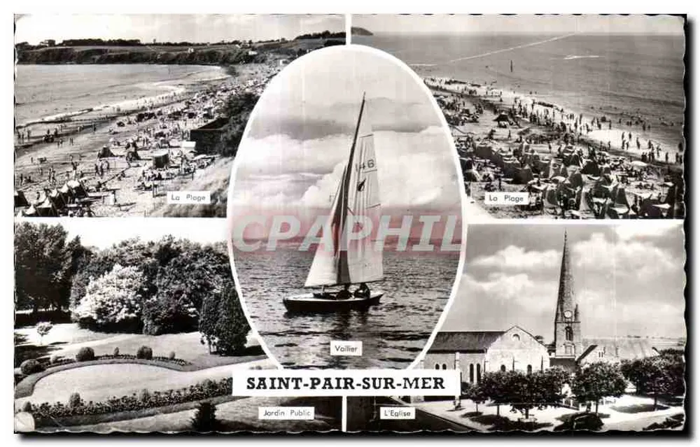 Saint-Pair-sur-Mer — vue de la plage, du jardin public, de l'église et d'un voilier — Éditions Gaby, Nantes - Frente