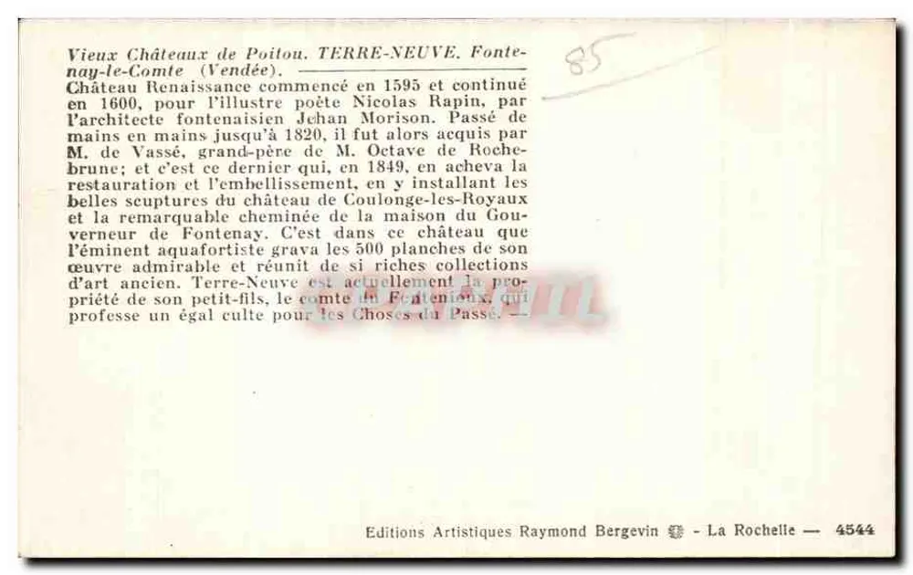 Schloss Fontenay-le-Comte — Renaissance-Kamin — Éditions Artistiques Raymond Bergevin - Rückseite