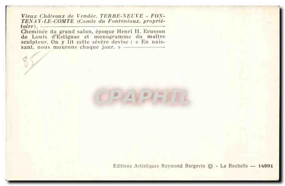 Kamin des Großen Saals — Zeit von Heinrich II — Verlag: Editions Artistiques Raymond Bergevin, La Rochelle — Nr. 14891 - Rückseite
