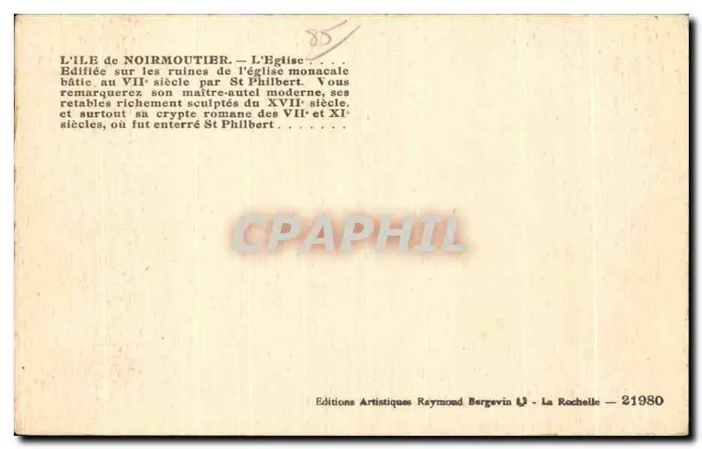 Ilha de Noirmoutier — Igreja monástica — Edições Artísticas Raymond Bergevin - Verso