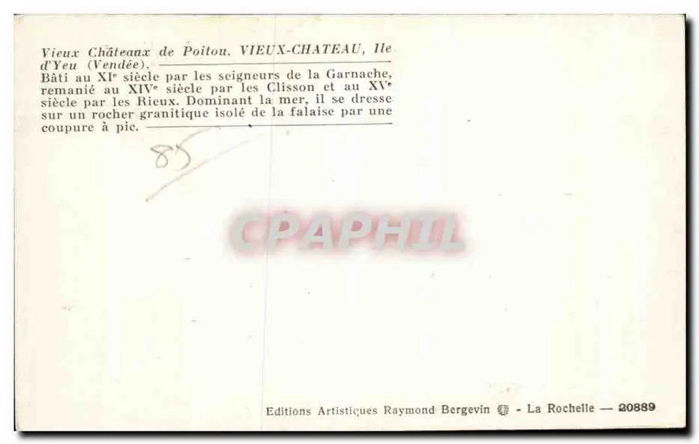 Schloss der Île-d'Yeu — Altes Schloss — Editions Artistiques Raymond Bergevin - Rückseite
