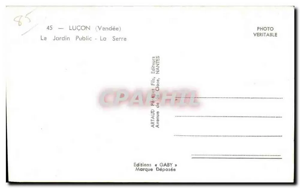 Luçon (Vendée) — O Jardim Público - A Estufa — Éditions Gaby - Verso