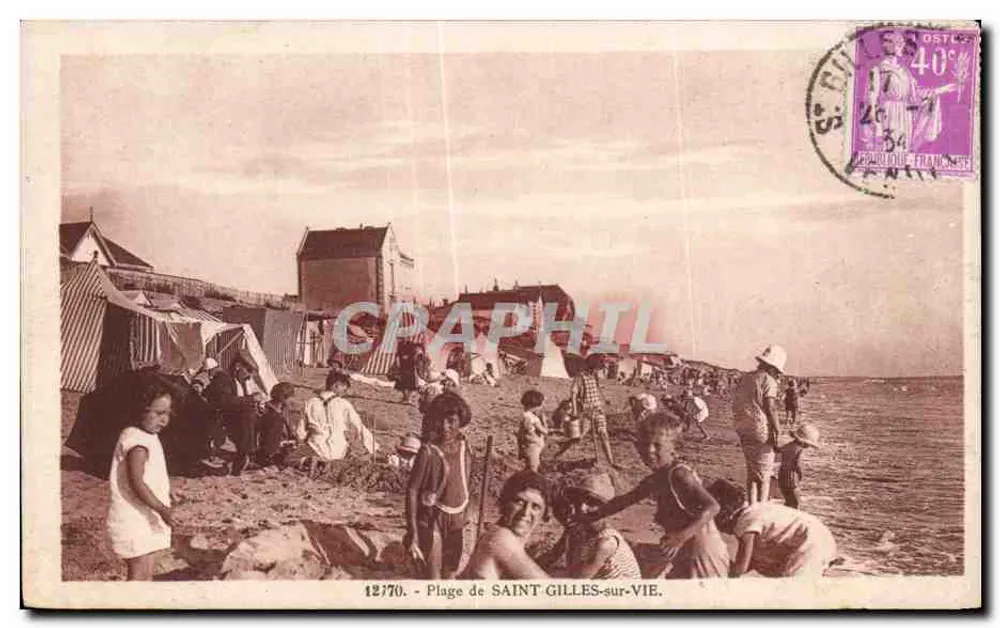 Praia de SAINT-GILLES-sur-VIE — vista de banhistas e tendas — editor C. P. M. n° 12770 - Frente