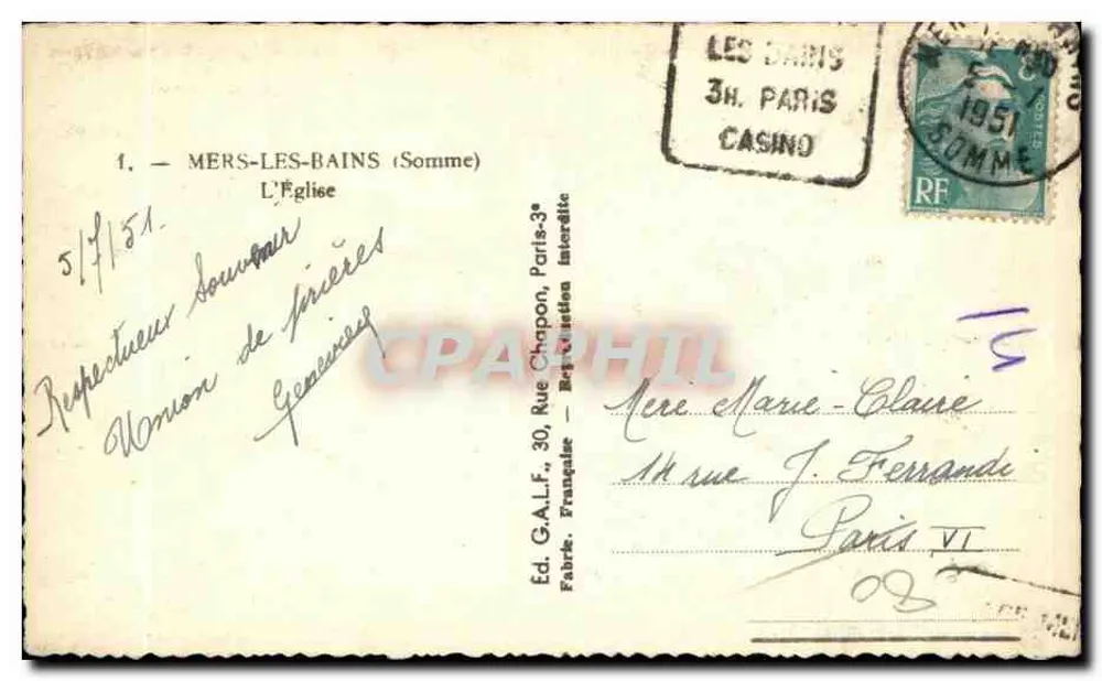 Mers-les-Bains (Somme) — A Igreja — Ed. G.A.L.F. n°1 - Verso