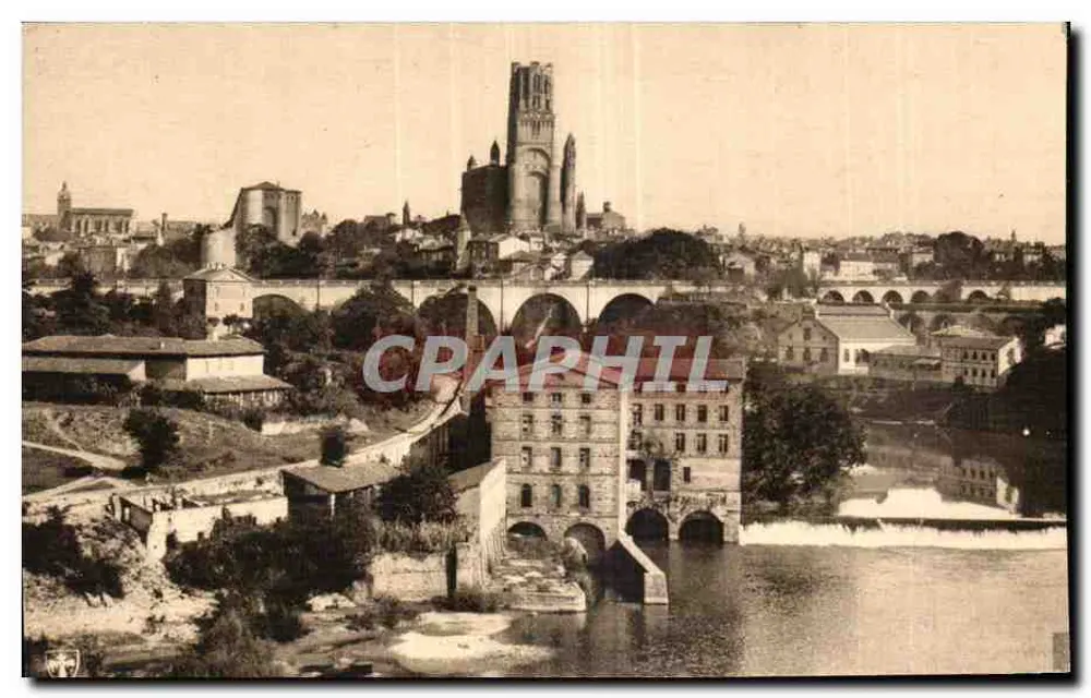 Albi — Vista da cidade ao oeste — os moinhos do Tarn, o viaduto da ferrovia e o donjon arquiepiscopal - Frente