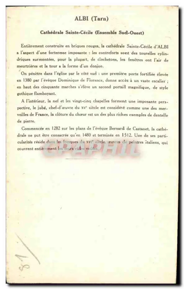 Albi (Tarn) — Catedral Santa Cecília (Conjunto Sudoeste) — Coleção da Kolarsine e da Solução Pautaubege, 3ª série - Verso