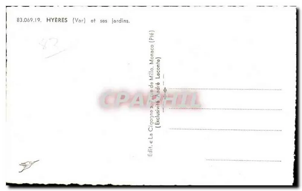 Hyères (Var) e seus jardins — Edição « La Cigogne » de Milo, Monaco (Pié) — n° 83.069.19 - Verso