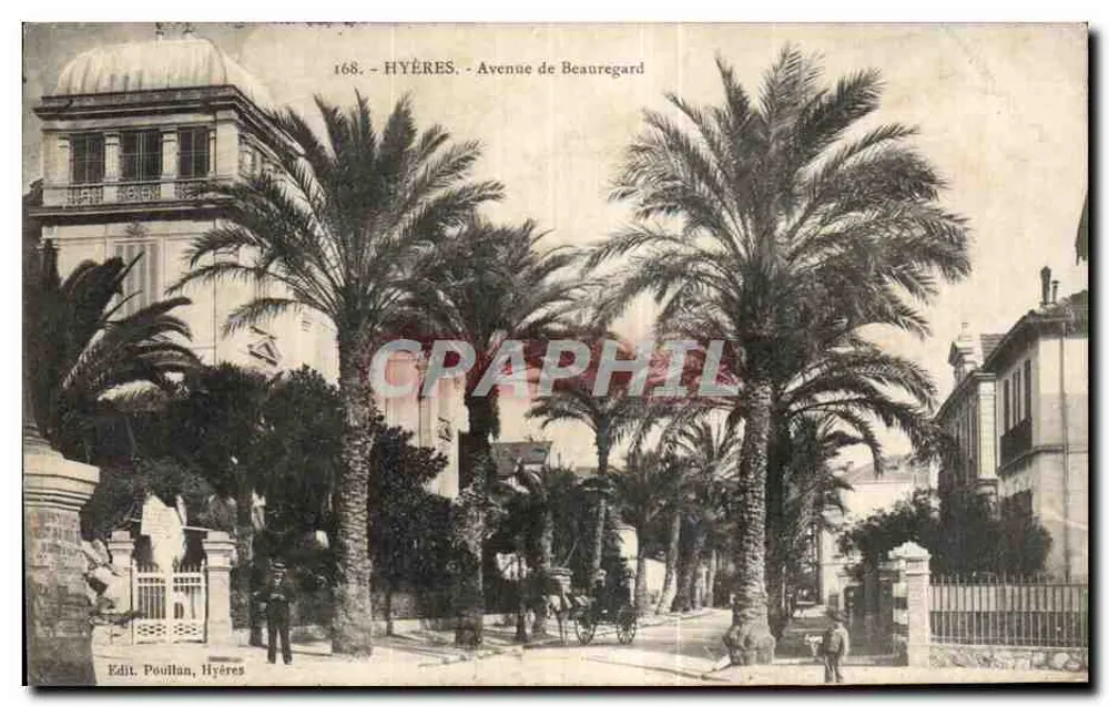 Hyères - Avenida de Beauregard — vista de avenida cercada de palmeiras, editor Pouillan, n° 168 - Frente
