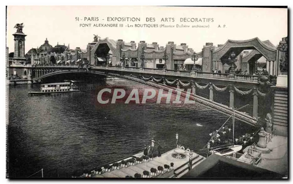 Paris - Ausstellung der Dekorativen Künste - Brücke Alexandre III - Die Geschäfte (Architekt Maurice Dufrêne) - A.P. - Vorderseite