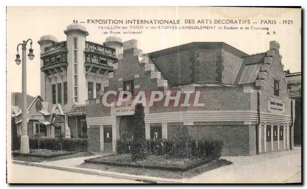 Pavillon der Stoffe und Polsterstoffe von Roubaix und Tourcoing — Internationale Ausstellung für dekorative Künste, Paris 1925 — Architektur von Foure - Vorderseite