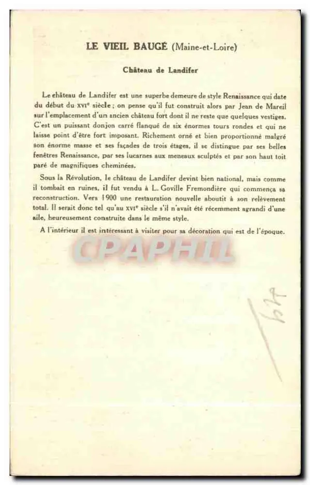 Schloss Landifer — Le Vieil Baugé (Maine-et-Loire) — 6. Serie, Sammlung Pautanberge Solution, in Frankreich gedruckt - Rückseite