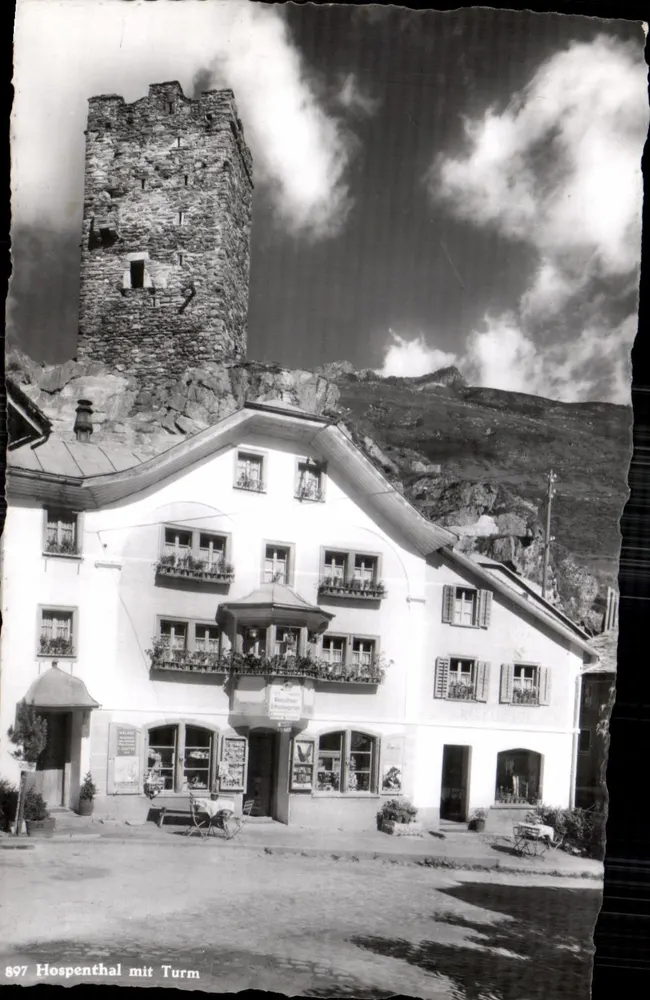 Hospenthal mit Turm — widok wsi z średniowiecznym wieżowcem — Rud. Suter, Oberrieden-ZH - Awers