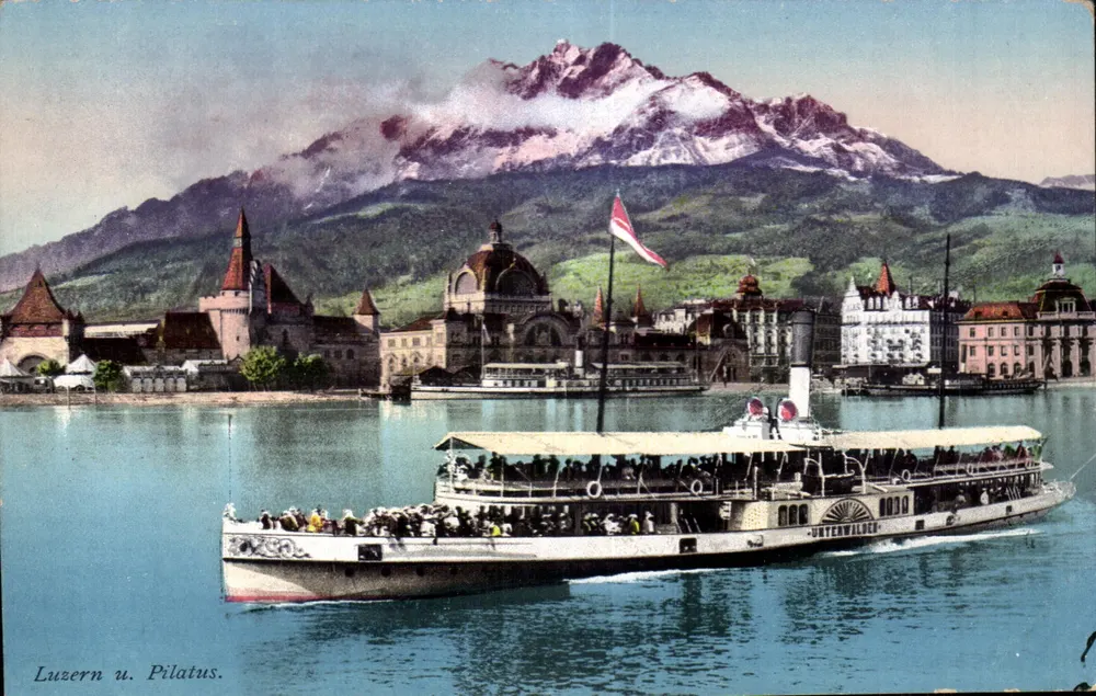 Luzern und Pilatus — Ansicht des Sees mit dem Dampfer « Unterwilden » — E. Goetz, Fot. Luzern, Nr. 4450 - Vorderseite
