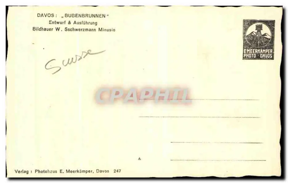 Davos: "Bubenbrunnen" — geschnitzte Fontäne mit Kindern — Photohaus E. Meerkämper, Davos 247 - Rückseite