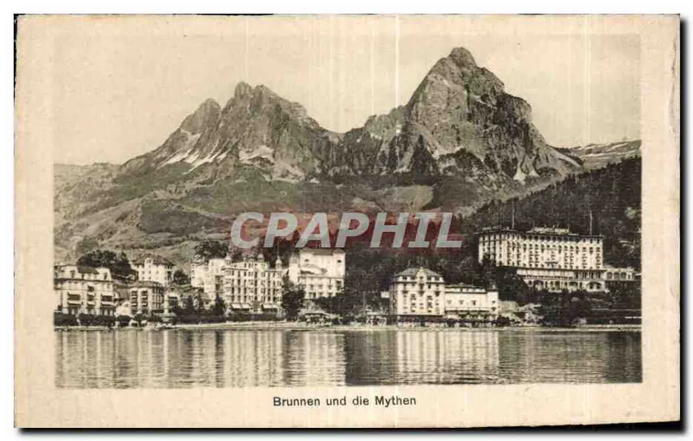 Brunnen und die Mythen — vista lacustre com montanhas — Edição Photoglob, Zurique, n° 02831 - Frente